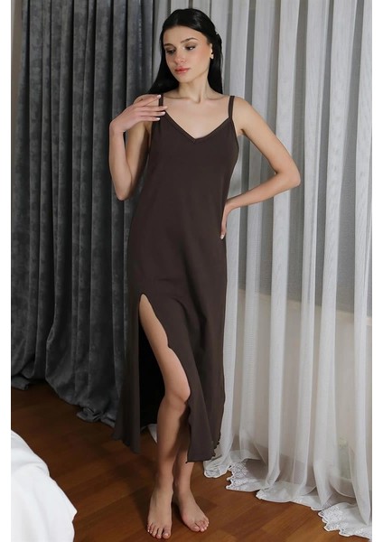 Kadın Ip Askılı Uzun Yırtmaçlı Pamuk Penye Gecelik Kahve modelleri