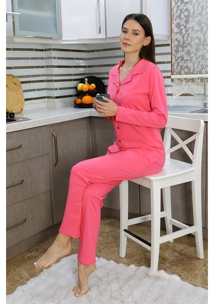 Kadın Pamuk Penye Önden Düğmeli Uzun Kol Pijama Takım Pembe modelleri