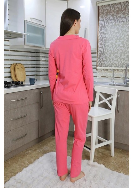 Kadın Pamuk Penye Önden Düğmeli Uzun Kol Pijama Takım Pembe fırsatları