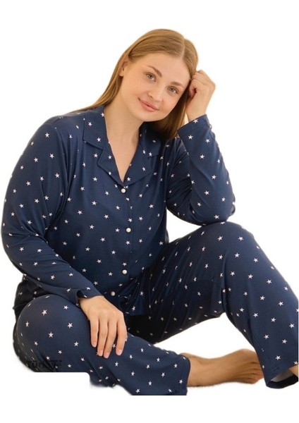 Nuvera Önden Düğmeli Büyük Beden Kadın Pijama Takım Yumuşak Esnek Rahat Şık 3xl–5xl