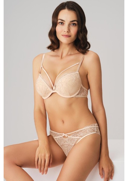 Balenli Destekli Dolgulu Yaka Detaylı Taşlı Dantelli Sütyen ve String Takım