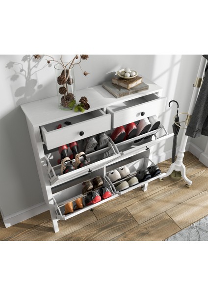 Hunerika Melora 4 Kapaklı 2 Çekmeceli Ayakkabılık -Wood Beyaz-Minifiks Bağlantılı modelleri
