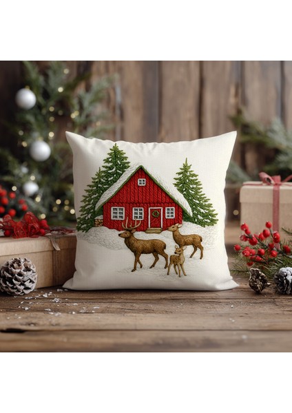 Yılbaşı Dağ Evi Geyik Nakış Desenli, Dijital Baskılı, Çift Taraflı Kırlent Kılıfı. 2'li Set Kırlent Kılıfı