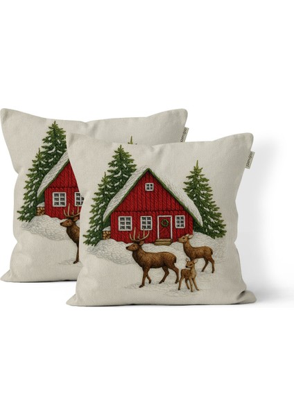 Yılbaşı Dağ Evi Geyik Nakış Desenli, Dijital Baskılı, Çift Taraflı Kırlent Kılıfı. 2'li Set Kırlent Kılıfı fiyatları