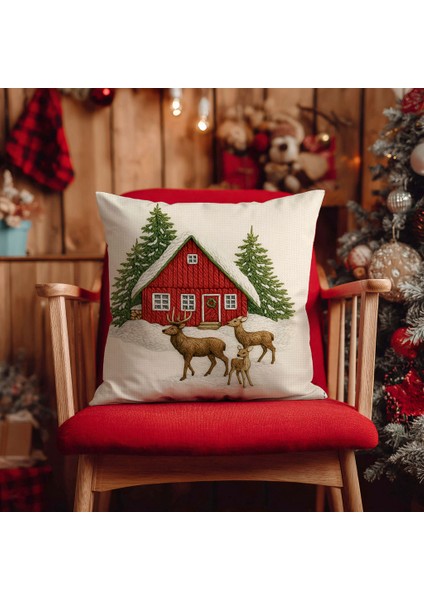 Yılbaşı Dağ Evi Geyik Nakış Desenli, Dijital Baskılı, Çift Taraflı Kırlent Kılıfı. 2'li Set Kırlent Kılıfı modelleri