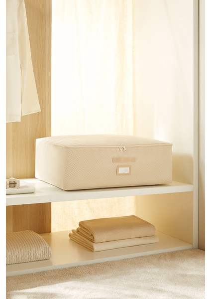 Büyük Boy Bej Balıksırtı Baza Altı Yastık Yorgan Kazak Hurcu, Hurç 62x46x22 cm