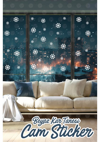 Beyaz Kar Tanesi Cam Sticker Yılbaşı Dekoru/ Sticker - Kartanesi Cam Vitrin Süsleme Etiket 34 Adet