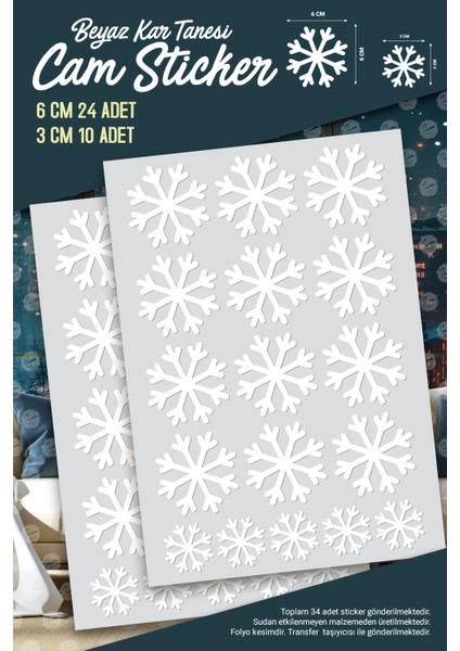 Beyaz Kar Tanesi Cam Sticker Yılbaşı Dekoru/ Sticker - Kartanesi Cam Vitrin Süsleme Etiket 34 Adet modelleri