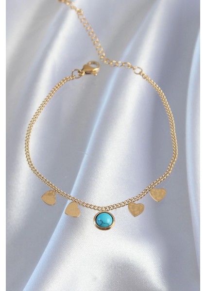 316L Çelik Gold Renk Minimal Kalpli Mavi Taş Detaylı Bileklik fiyatları