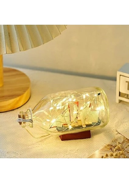 Işıklı El Yapımı Içinde Gemi Ile Dilek Şişesi Şişe Içinde Gemi Maketi Masa Lambası