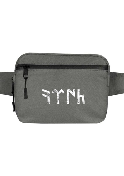 Göktürkçe Türk Bel Çantası Fermuarlı Gri Renk