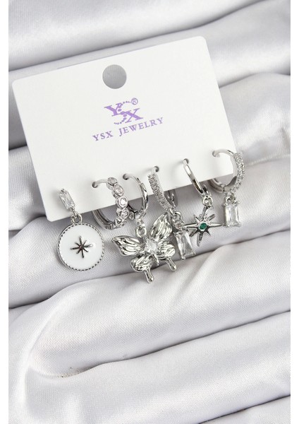 Bfs Pirinç Zirkon Taşlı Kelebek ve Yıldız Model Gümüş Renk 3'lü Çift Kadın Küpe