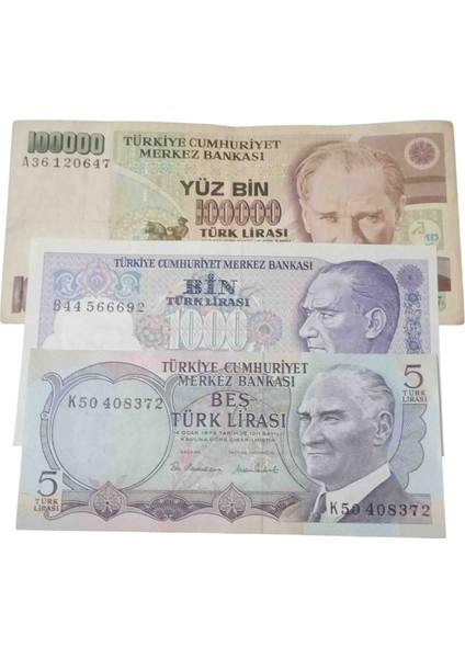 6. 7. Emisyon 3 Adet Koleksiyon Kağıt Para. Cumhuriyet Dönemi Kağıt Para.