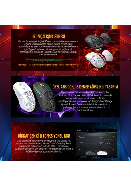 Nexus Air V1 Kablosuz Sensör ,rgb Kablosuz Gaming Mouse Beyaz