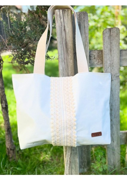 Gabardın Crochet Şeritli Omuz Çantası-Beyaz