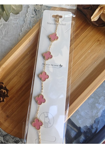 Yonca Pembe Çelik Bileklik