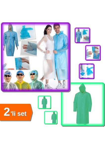 5 Adet Tek Kullanımlık Çıtçıtlı Yağmurluk + Kapşonlu Cepli Lüx Yağmurluk Haki Yeşil 2xl - 2li Set T8