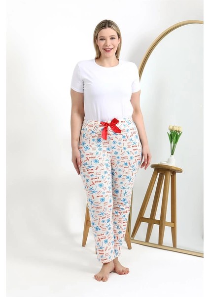 Kadın Pamuklu Büyük Beden Alt Pijama Ekru