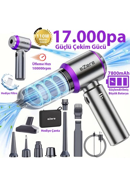 17000PA Güçlü Portatif Tasinabilir Vakumlu Kablosuz Üflemeli Mini Araç İçi El Süpürgesi