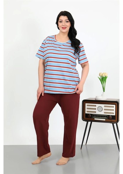 Kadın Büyük Beden Kısa Kol Penye Pijama Takımı Mavi modelleri