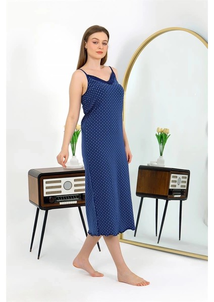 Ip Askılı Uzun Yırtmaçlı Penye Gecelik Lacivert