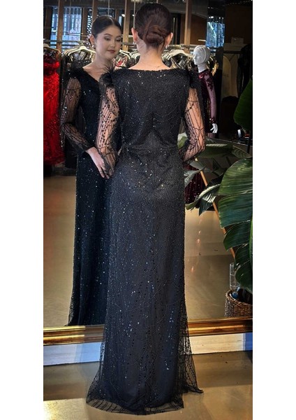 Siyah V Yaka Uzun Kollu Tuy Detaylı Düz Kesim Pullu Boncuklu Uzun Abiye Elbise 11114-01 indirimleri