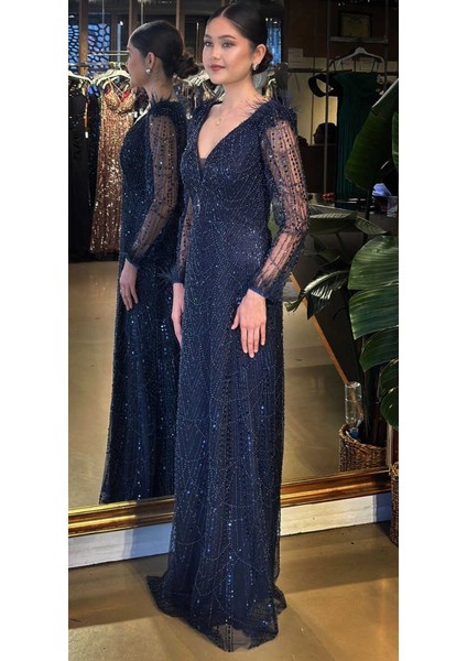 Lacivert V Yaka Uzun Kollu Tuy Detaylı Düz Kesim Pullu Boncuklu Uzun Abiye Elbise 11114-02 fiyatları