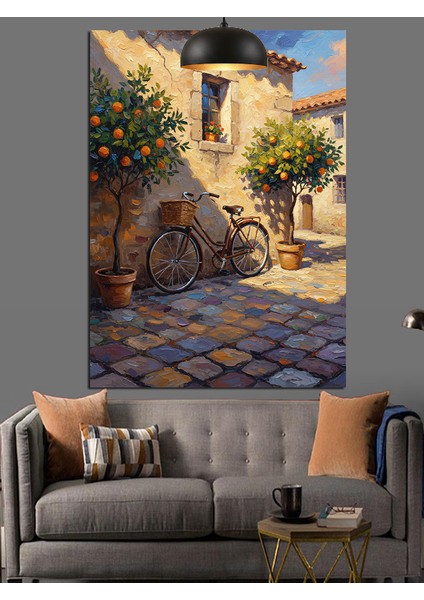 Akdeniz Taş Evli Sokakta Bisiklet ve Portakal Fidanları Dekoratif Kanvas - Mdf Ahşap Tablo