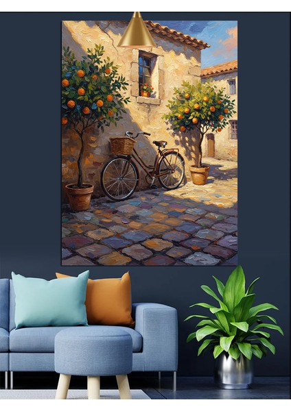 Akdeniz Taş Evli Sokakta Bisiklet ve Portakal Fidanları Dekoratif Kanvas - Mdf Ahşap Tablo fiyatları