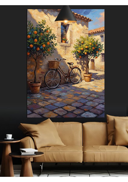 Akdeniz Taş Evli Sokakta Bisiklet ve Portakal Fidanları Dekoratif Kanvas - Mdf Ahşap Tablo modelleri