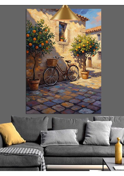 Akdeniz Taş Evli Sokakta Bisiklet ve Portakal Fidanları Dekoratif Kanvas - Mdf Ahşap Tablo fırsatları