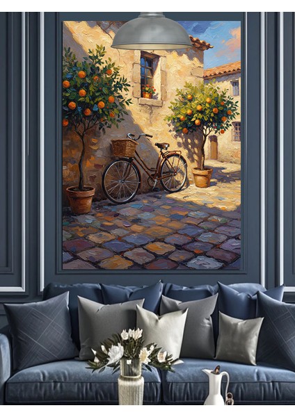 Akdeniz Taş Evli Sokakta Bisiklet ve Portakal Fidanları Dekoratif Kanvas - Mdf Ahşap Tablo indirimleri