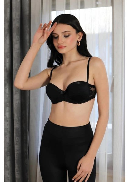 Kadın Yarım Destekli Balenli Straplez Sütyen Siyah