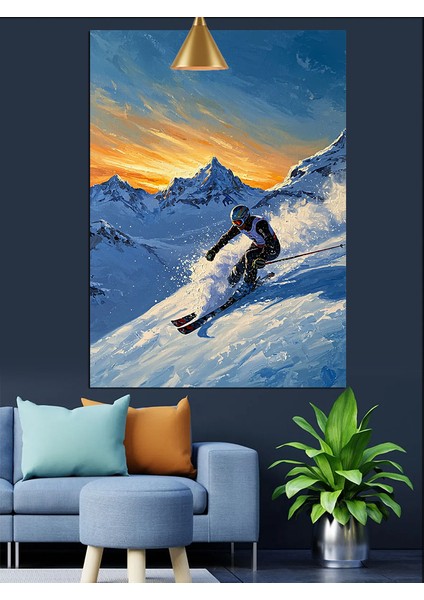 Karlı Dağdan Hızla Inen Kayakçı Dekoratif Kanvas - Mdf Ahşap Tablo