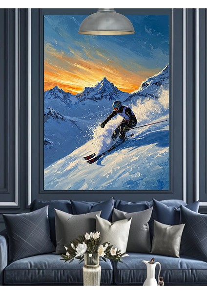 Karlı Dağdan Hızla Inen Kayakçı Dekoratif Kanvas - Mdf Ahşap Tablo fırsatları