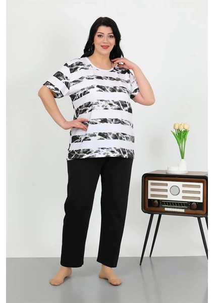 Kadın Büyük Beden Kısa Kol Penye Pijama Takımı Beyaz