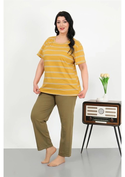 Kadın Büyük Beden Kısa Kol Penye Pijama Takımı Sarı