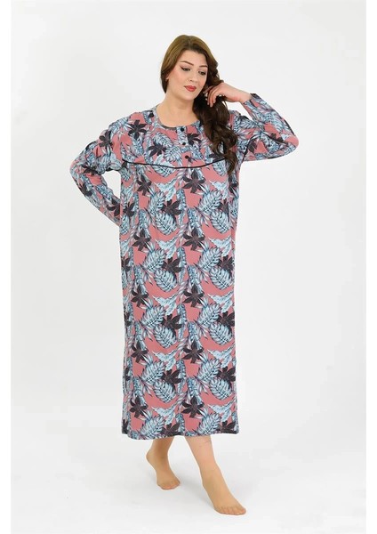 Kadın Büyük Beden Uzun Kol Somon Anne Gecelik