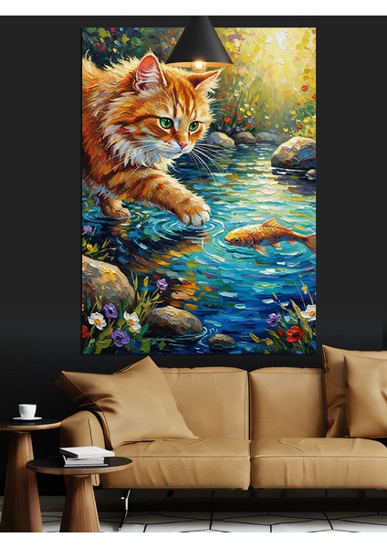Nehirde Balık Avlayan Sarı Kedi Dekoratif Kanvas - Mdf Ahşap Tablo