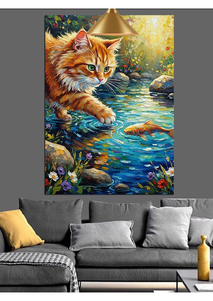 Nehirde Balık Avlayan Sarı Kedi Dekoratif Kanvas - Mdf Ahşap Tablo fiyatları