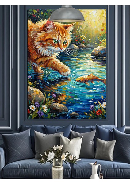 Nehirde Balık Avlayan Sarı Kedi Dekoratif Kanvas - Mdf Ahşap Tablo modelleri