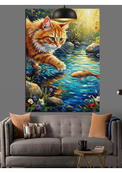 Nehirde Balık Avlayan Sarı Kedi Dekoratif Kanvas - Mdf Ahşap Tablo fırsatları