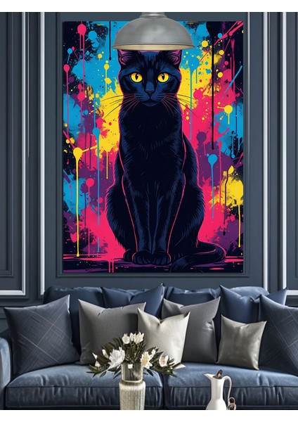 Siyah Kedi Neon Renk Dekoratif Kanvas - Mdf Ahşap Tablo modelleri