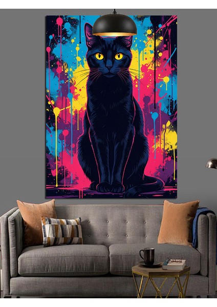 Siyah Kedi Neon Renk Dekoratif Kanvas - Mdf Ahşap Tablo fırsatları