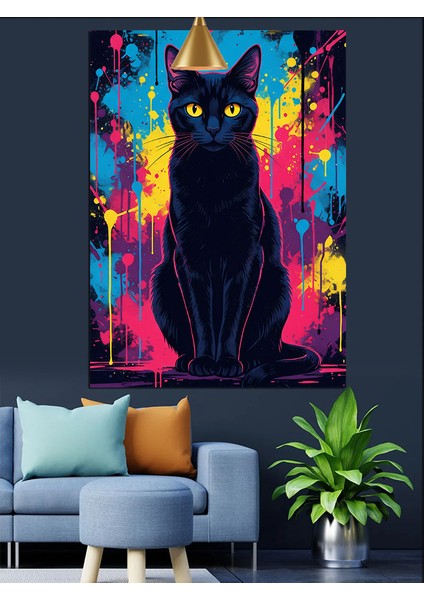 Siyah Kedi Neon Renk Dekoratif Kanvas - Mdf Ahşap Tablo indirimleri