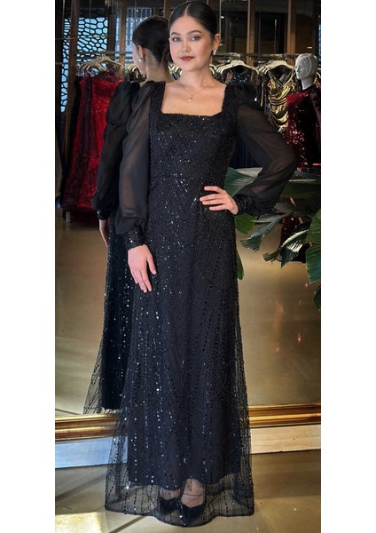 Siyah Kare Yaka Uzun Kollu Düz Kesim Pullu Boncuklu Uzun Abiye Elbise 11135-01