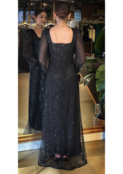 Siyah Kare Yaka Uzun Kollu Düz Kesim Pullu Boncuklu Uzun Abiye Elbise 11135-01 indirimleri