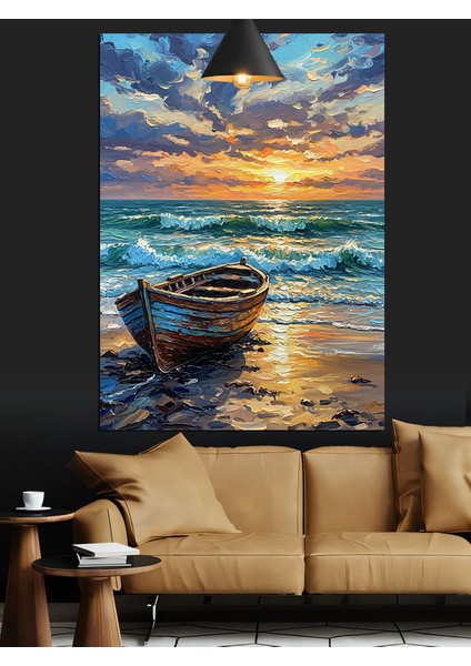 Kıyıdaki Tekne Deniz Gün Batımı Dekoratif Kanvas - Mdf Ahşap Tablo