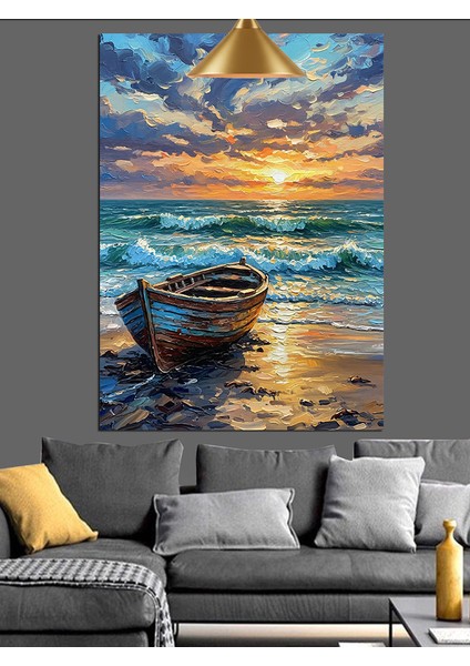 Kıyıdaki Tekne Deniz Gün Batımı Dekoratif Kanvas - Mdf Ahşap Tablo fiyatları