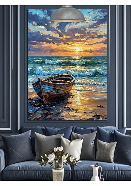 Kıyıdaki Tekne Deniz Gün Batımı Dekoratif Kanvas - Mdf Ahşap Tablo modelleri